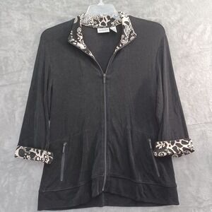 Chicos Travelers Top Cardigan Sz 2 / L Slinky Full Zip Collared Black 3/4 Sleeve